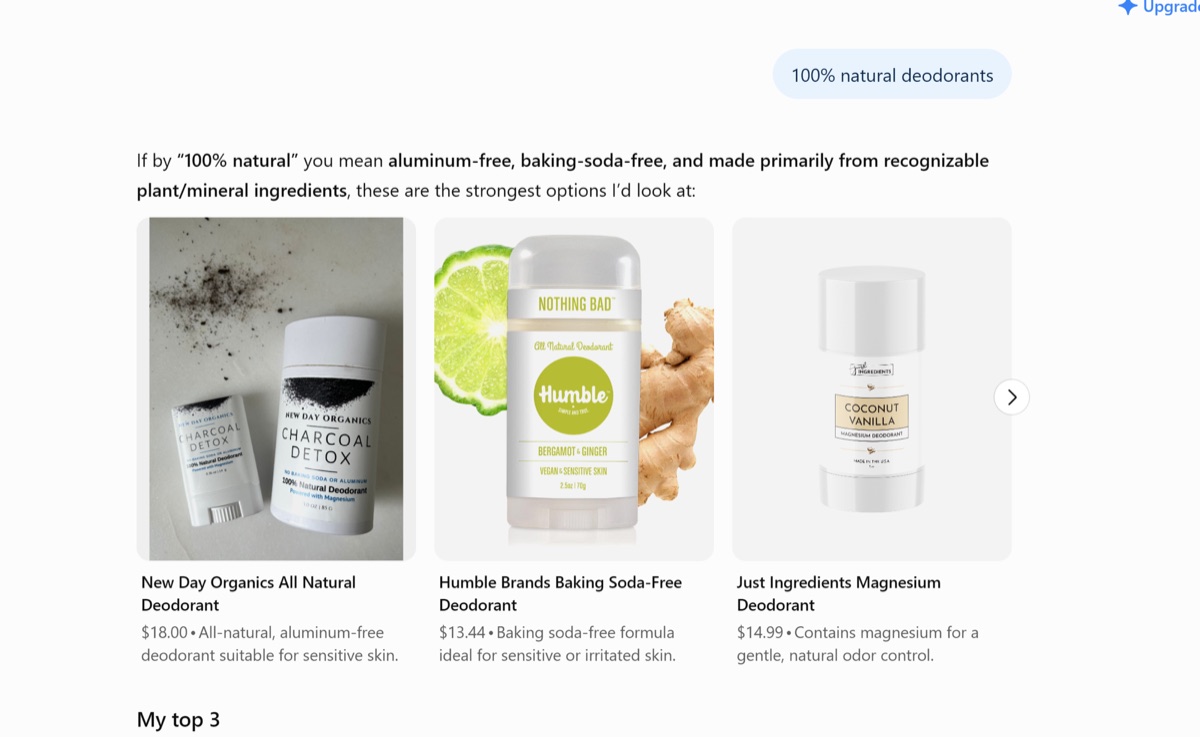 ChatGPT shopping answer showing three recommended deodorant brands with product cards
