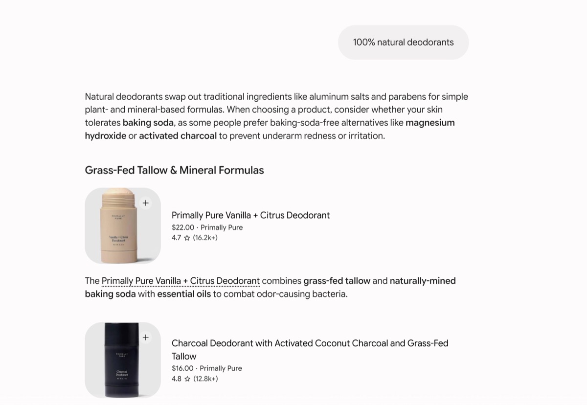 Google AI Overview recommending natural deodorant products with prices and ratings