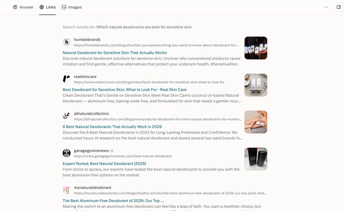 Perplexity search results citing brand blogs as sources for a deodorant question